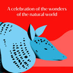 Blue creature with black spots on a red background with text 'A celebration of the wonders of the natural world'.
