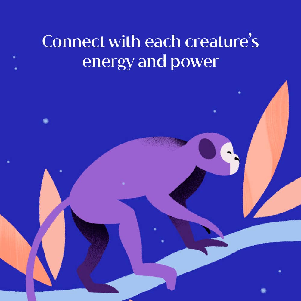 Purple monkey illustration with leaves on a blue background and text 'Connect with each creature's energy and power'.