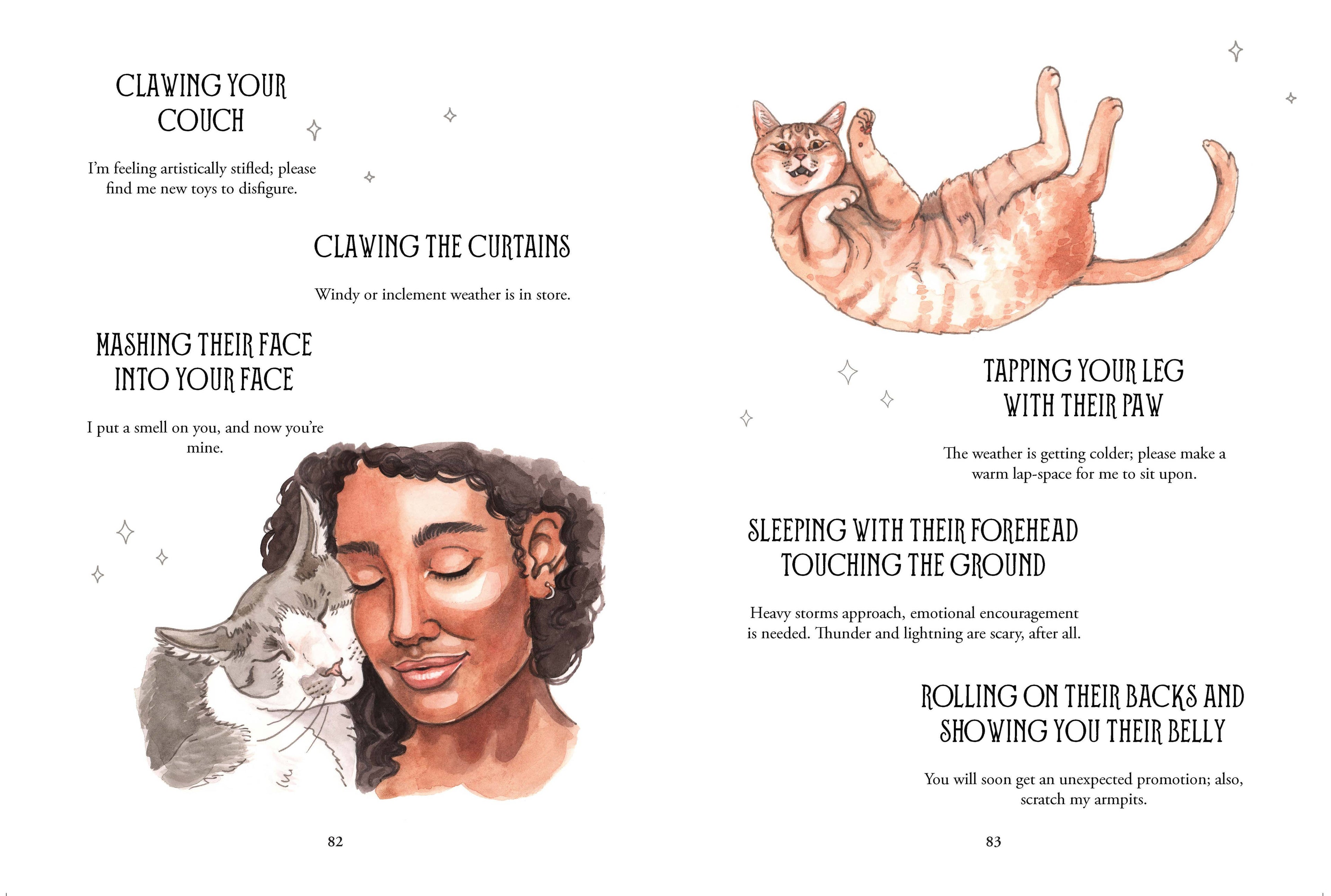 Illustration of a cat and a person with text describing cat behaviors