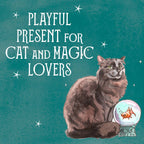 Cat sitting next to a magic ball with text 'Playful Present for Cat and Magic Lovers' on a teal background