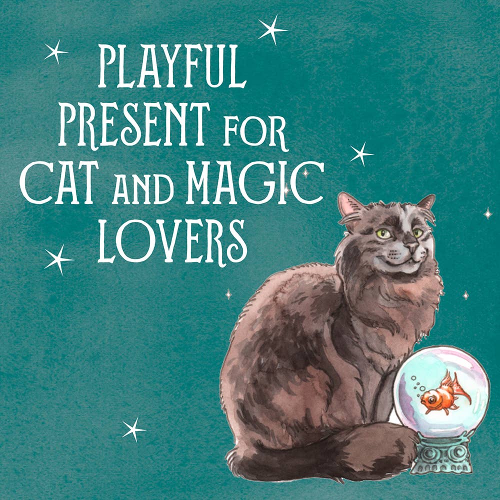 Cat sitting next to a magic ball with text 'Playful Present for Cat and Magic Lovers' on a teal background