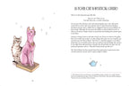 Illustration of two cats, one pink and one tabby, on a book with text about cats and mysticism.