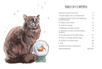Illustration of a cat with a fishbowl and table of contents on a white background