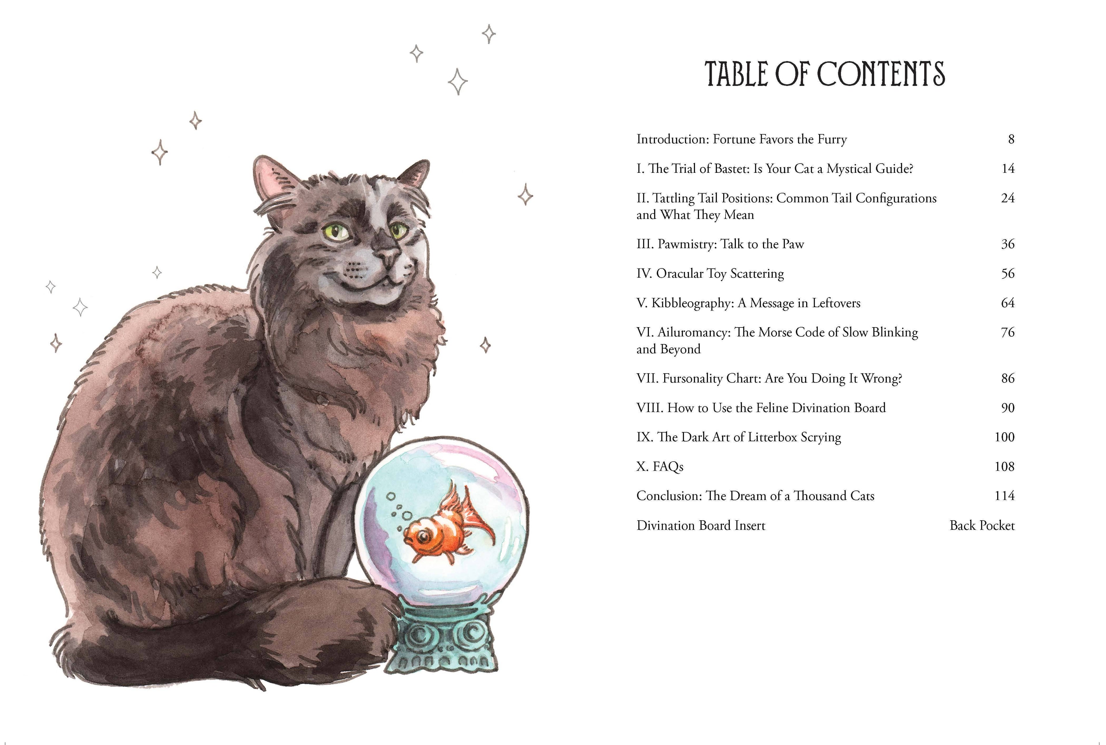 Illustration of a cat with a fishbowl and table of contents on a white background