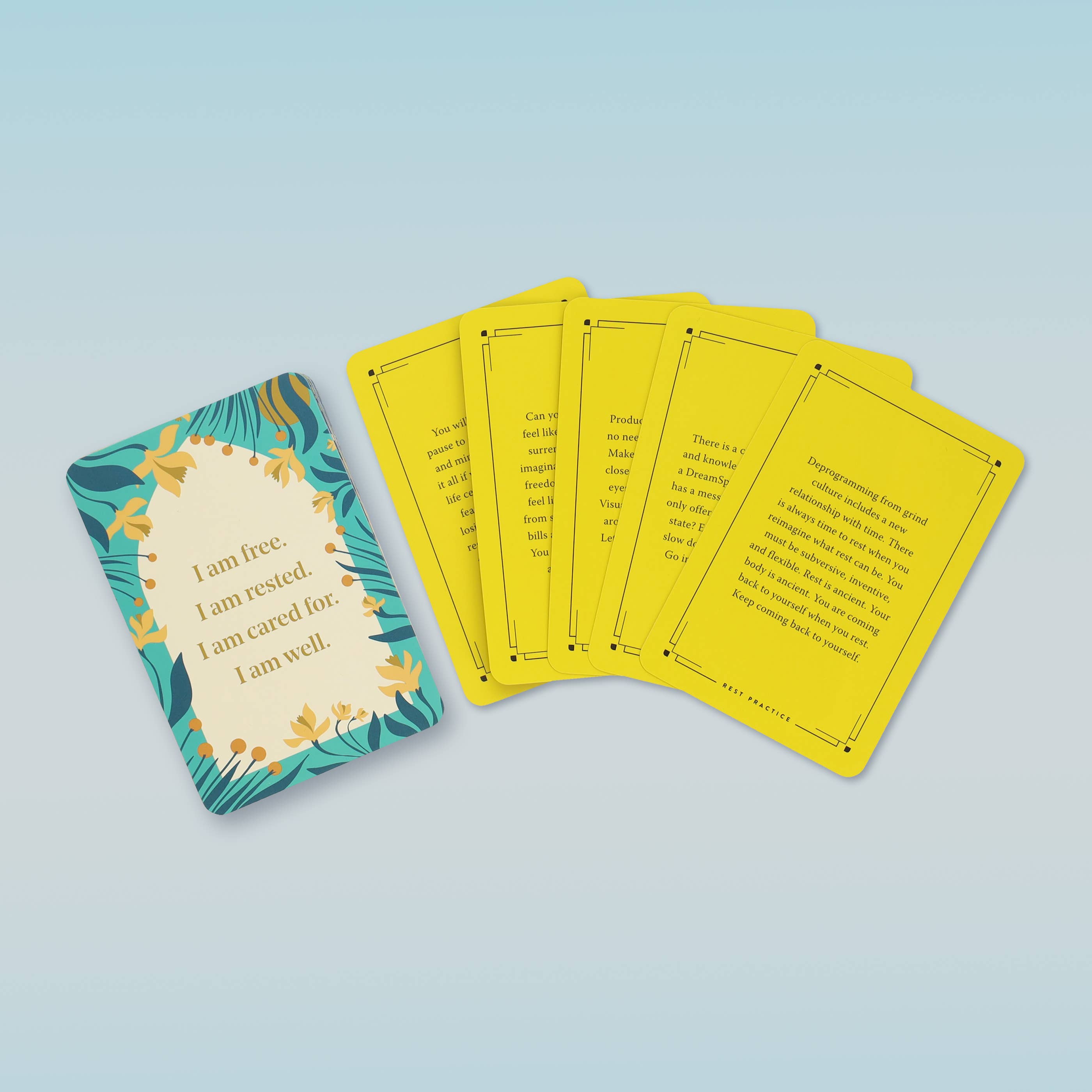 Set of yellow cards with text on a light blue background