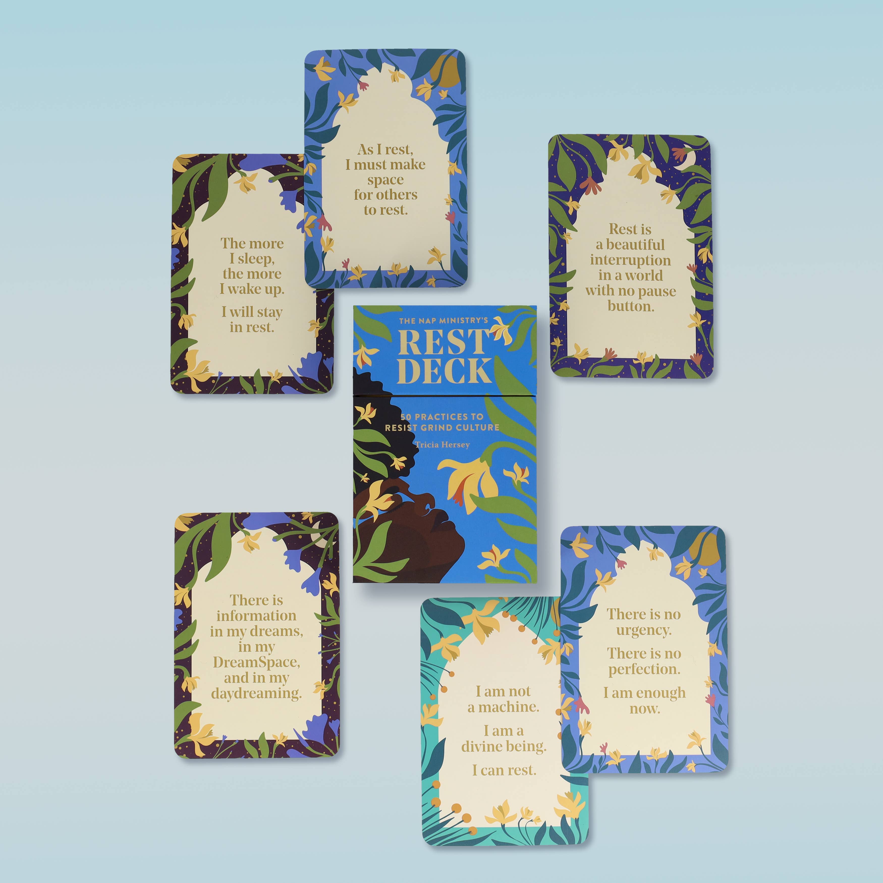 Set of cards from 'The Rest Deck' on a light blue background
