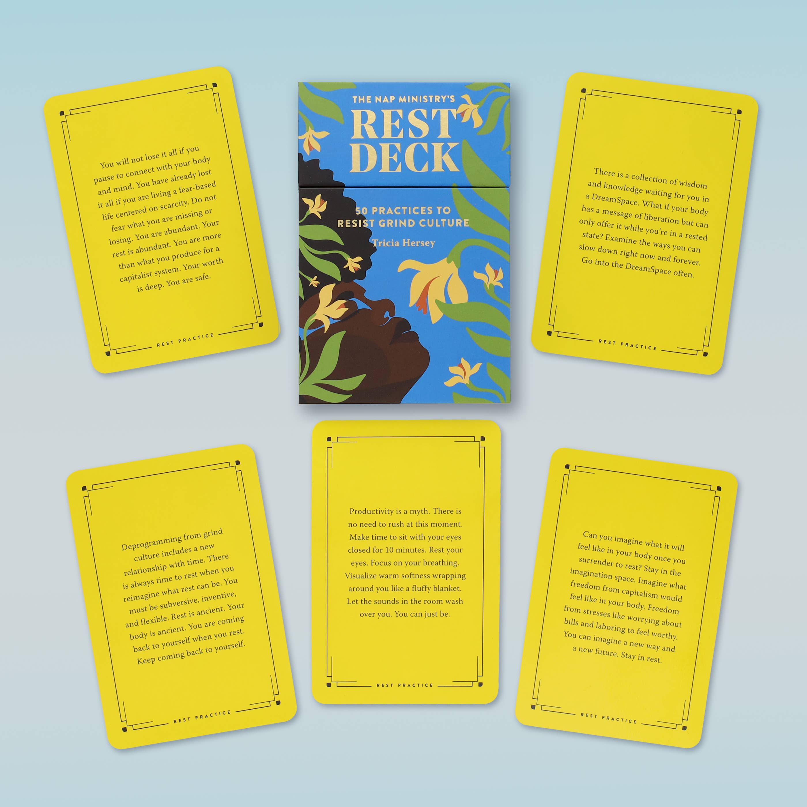 Set of cards with yellow cards and a blue box labeled 'Rest Deck' on a light blue background