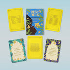 Set of cards with colorful designs and text on a light blue background