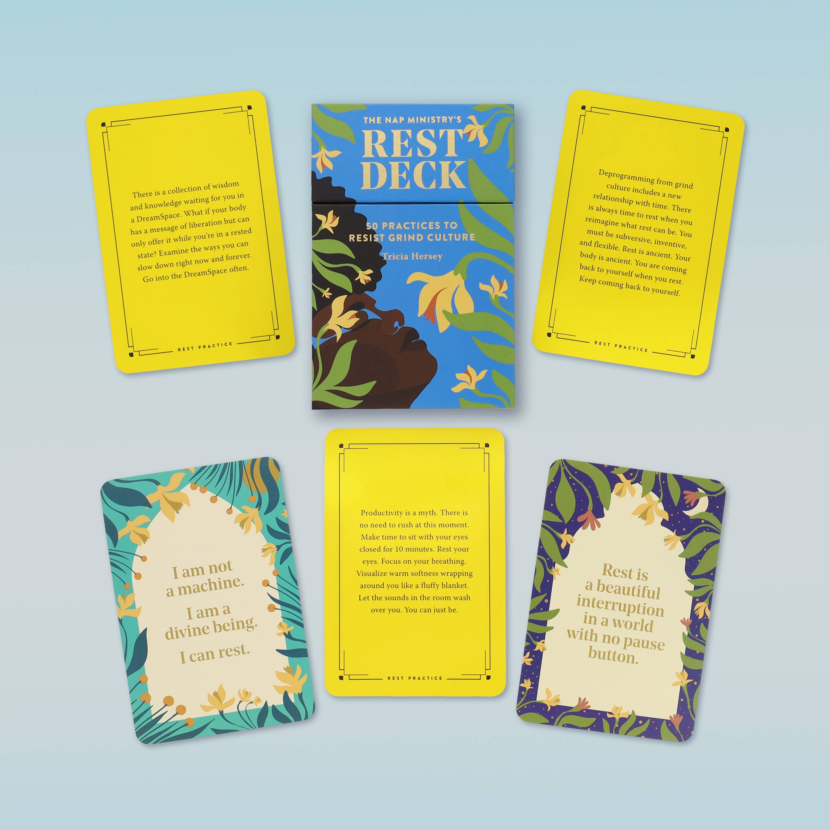 Set of cards with colorful designs and text on a light blue background