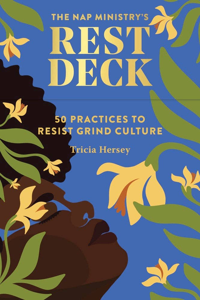 Book cover of 'The Nap Ministry's Rest Deck' with floral design and blue background