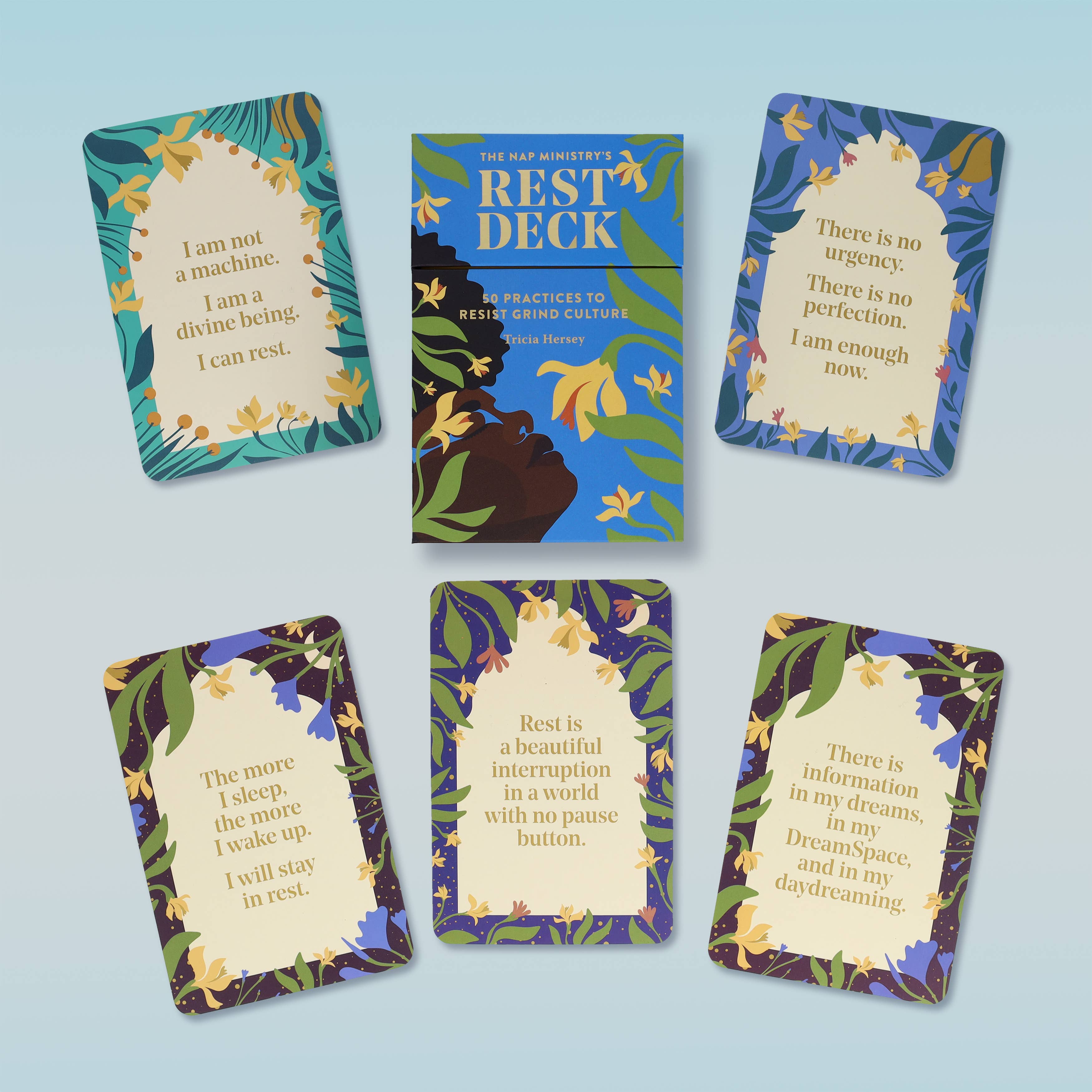 Set of cards with motivational phrases on a light blue background