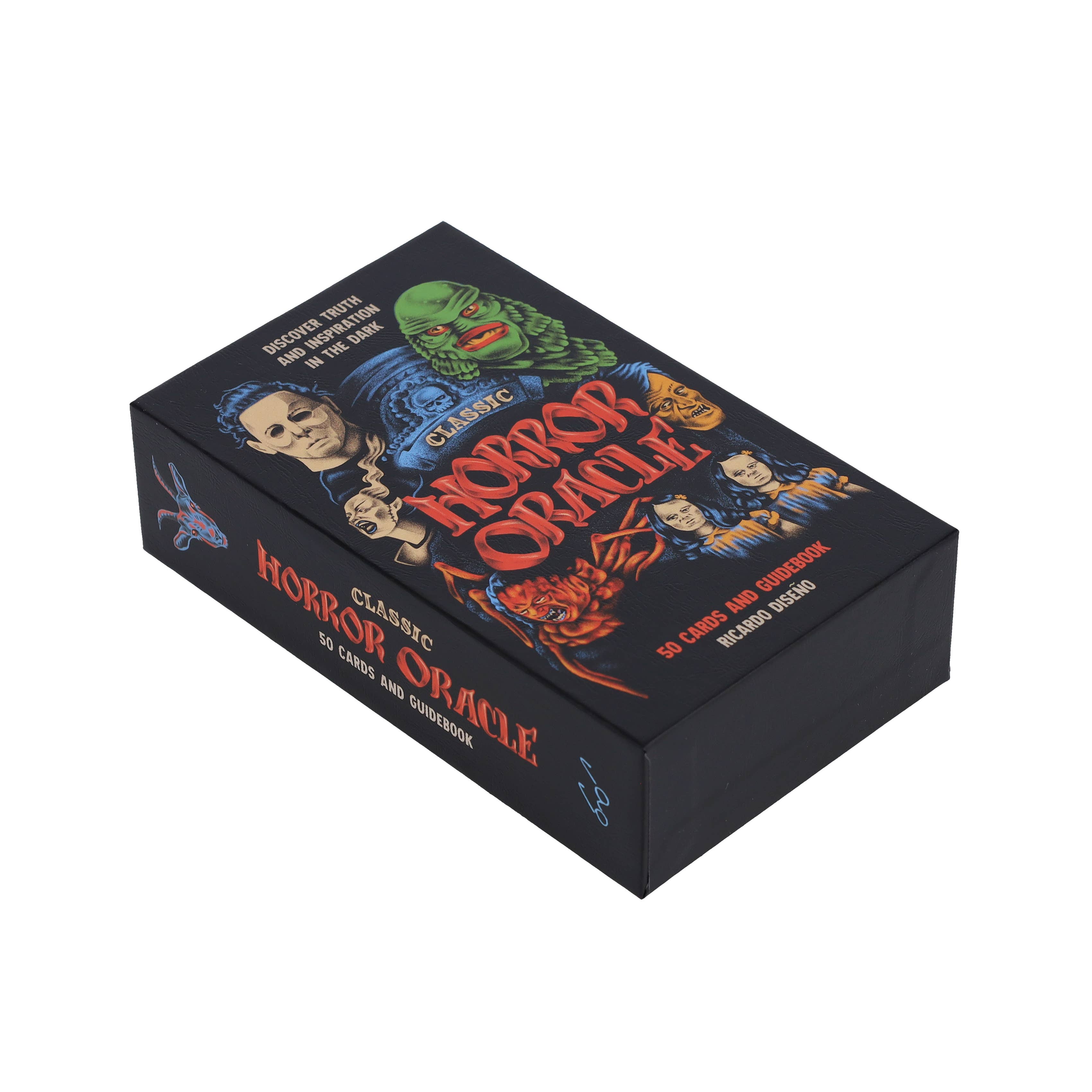 Box of 'Horror Oracle' cards with horror-themed illustrations on a white background