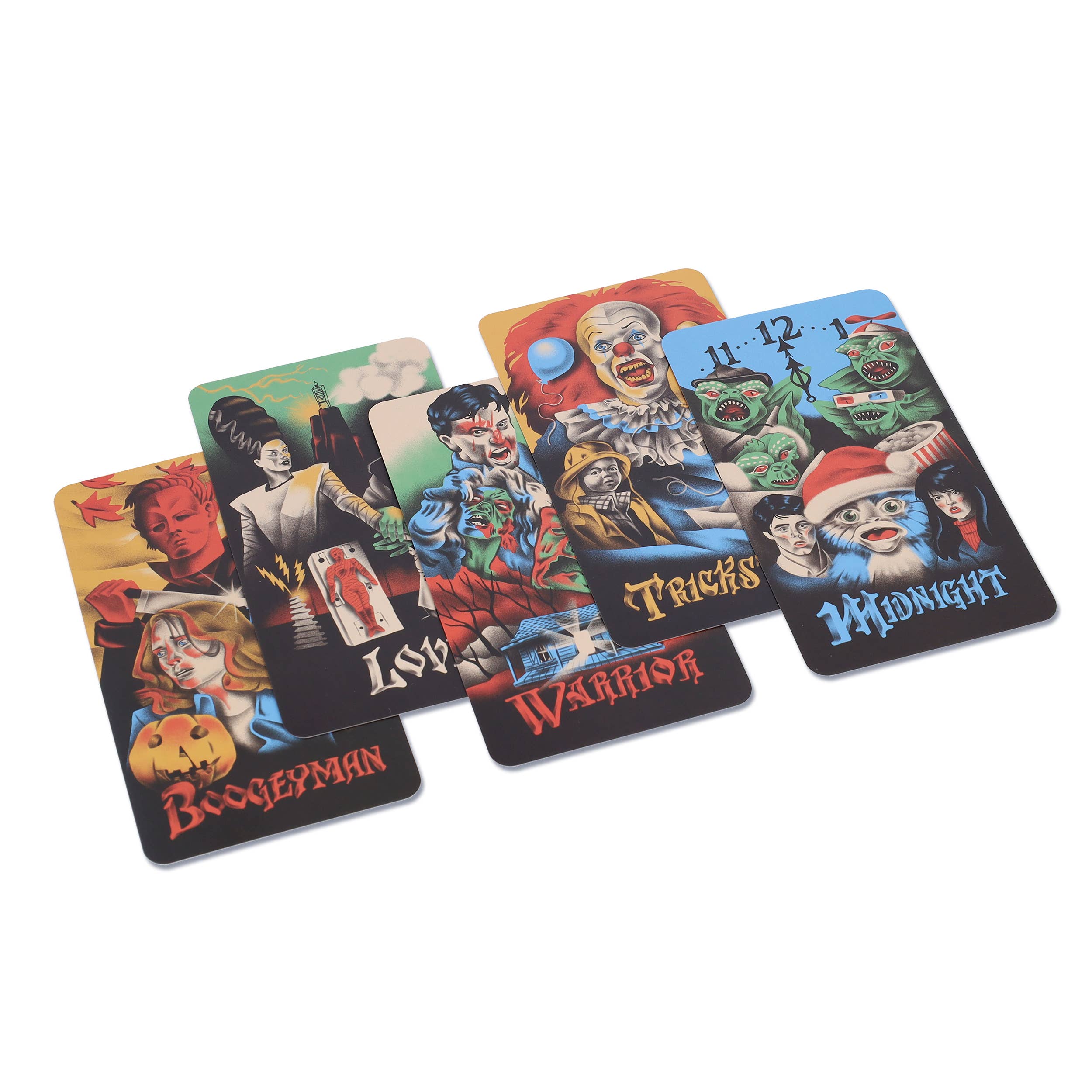 Set of four Halloween-themed coasters with colorful designs on a white background
