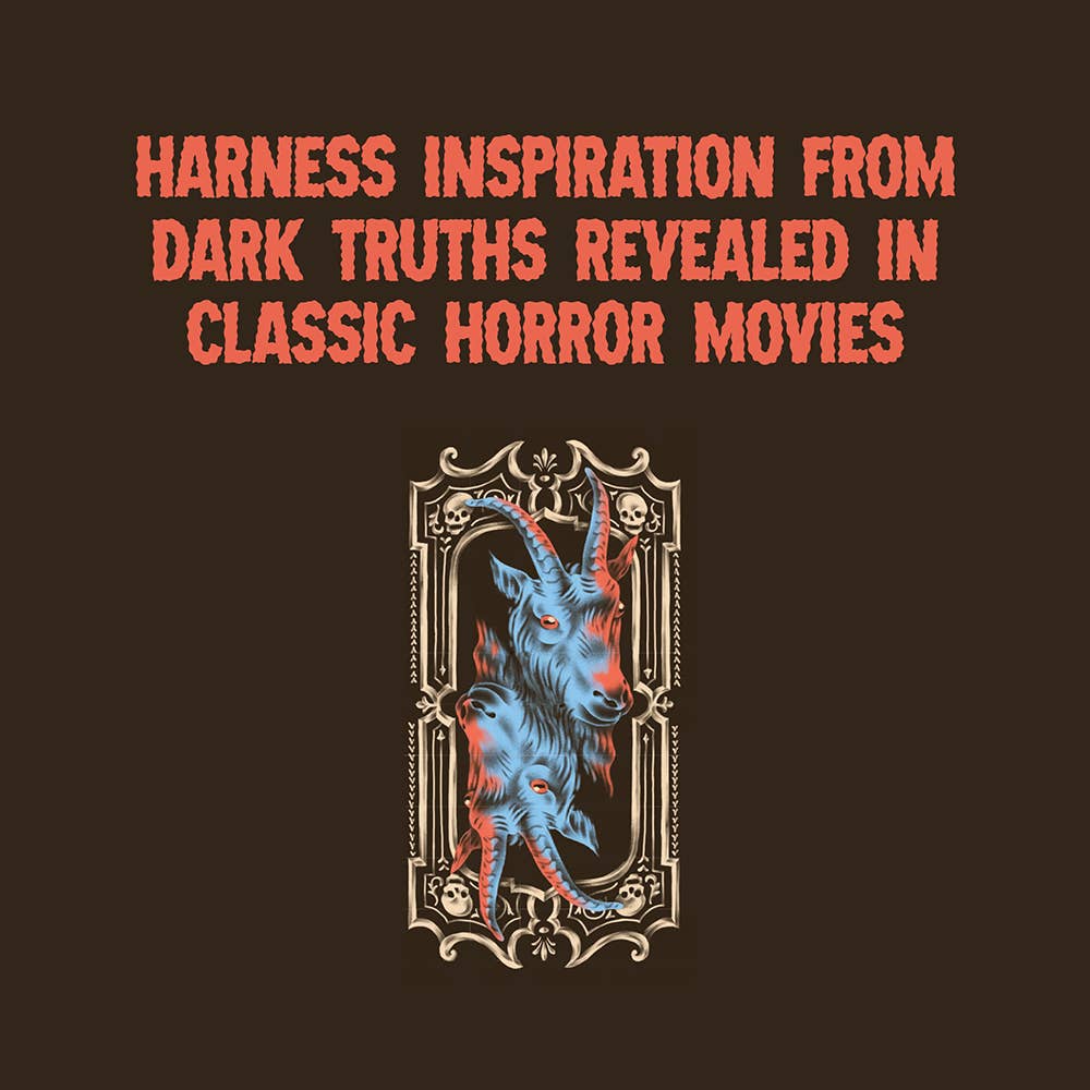 Decorative design with a goat-like creature in an ornate frame and text on a dark background