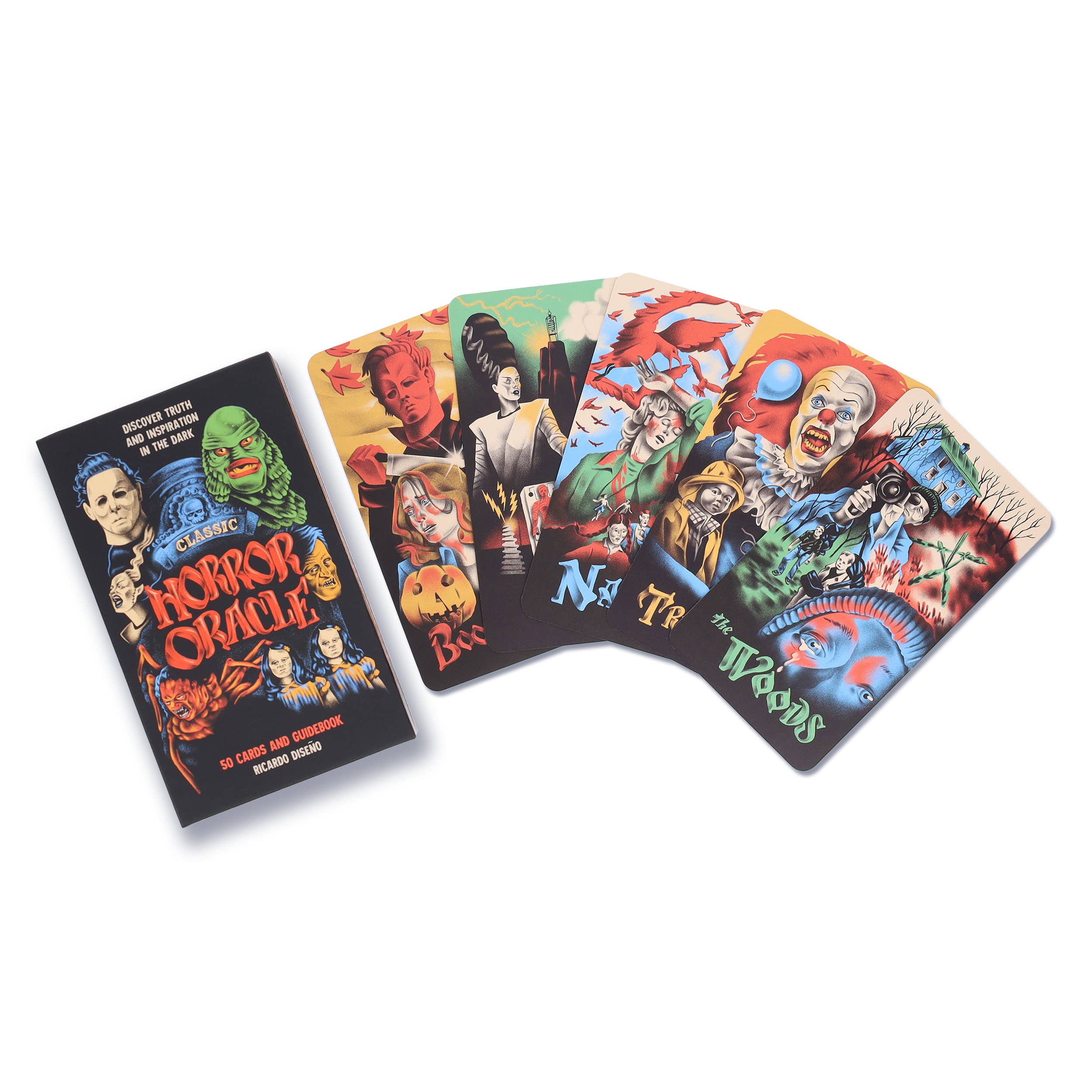 Horror-themed playing cards with colorful illustrations on a white background