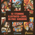 Cover of a book titled '50 Stunning Illustrated Cards, 80-Page Guidebook' with colorful illustrations on a dark background.