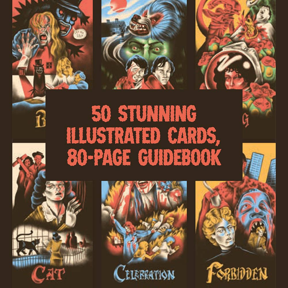 Cover of a book titled '50 Stunning Illustrated Cards, 80-Page Guidebook' with colorful illustrations on a dark background.