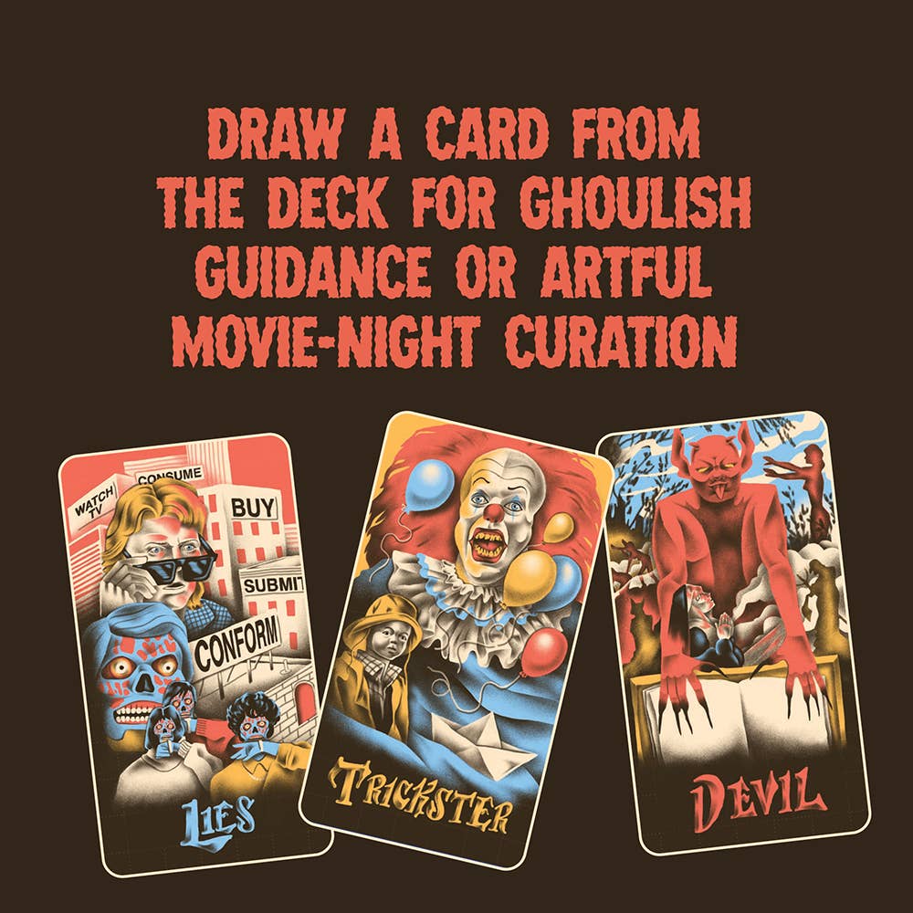 Three tarot cards with colorful illustrations and text on a dark background