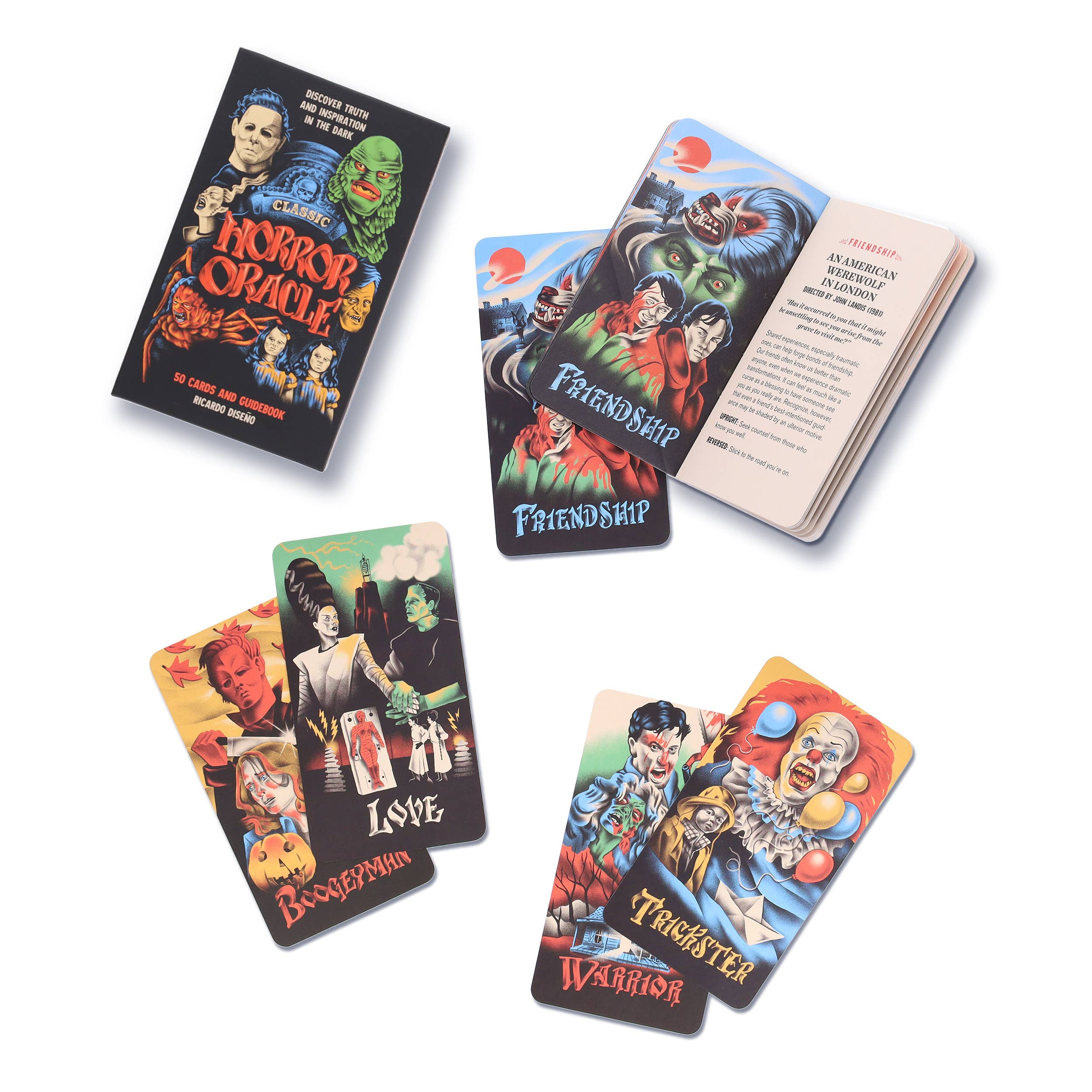 Set of tarot cards with colorful illustrations and text on a white background