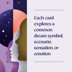 Card with stylized faces and text about exploring dream symbols on a purple background