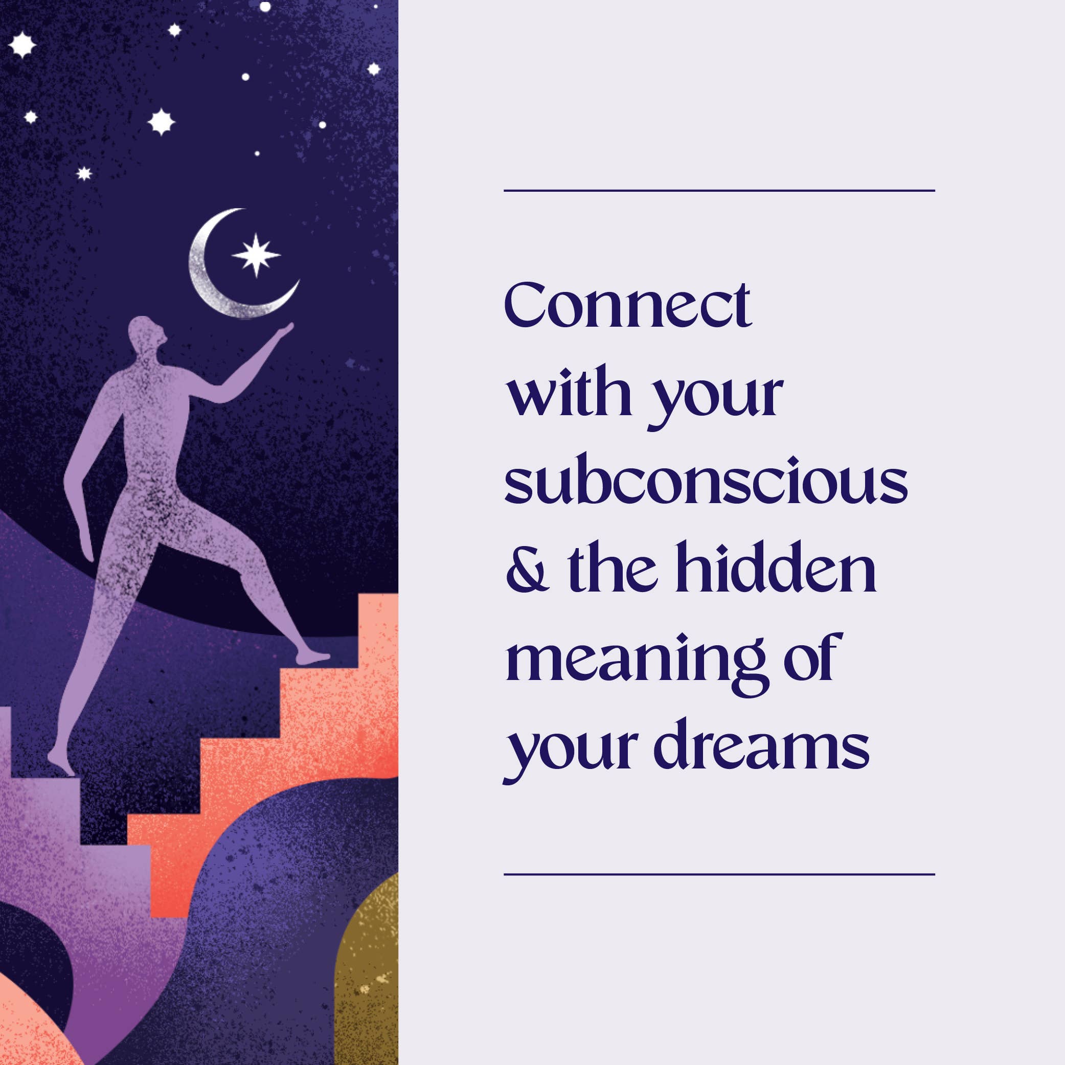 Illustration of a person walking up stairs with a crescent moon and stars, accompanied by text on a purple background.