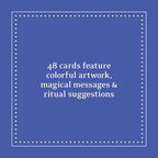 Blue background with white text about colorful artwork and magical messages on cards