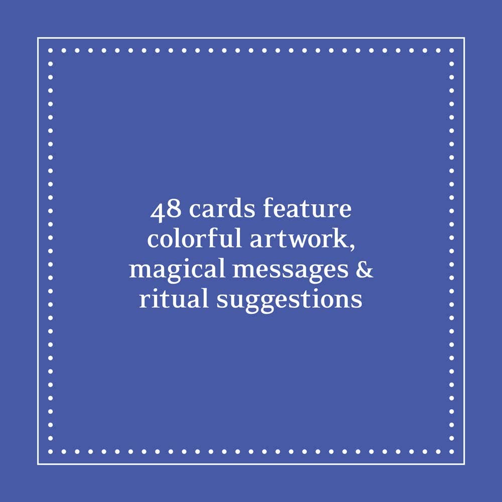Blue background with white text about colorful artwork and magical messages on cards
