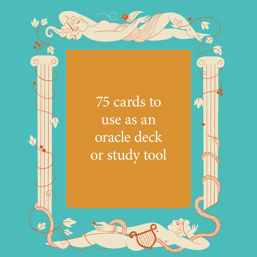 Book cover with decorative elements and text about oracle cards on a teal background