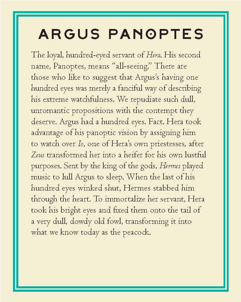 Text about Argus Panoptes with a decorative border on a beige background