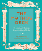 Book cover of 'The Mythos Deck' with Greek mythological illustrations on a teal background.