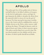 Text description of Apollo with a teal border on a beige background
