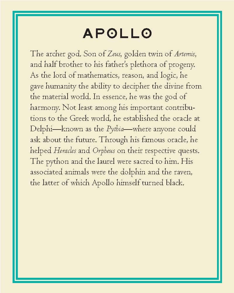 Text description of Apollo with a teal border on a beige background