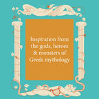 Book cover with classical design elements and text about Greek mythology on a teal background