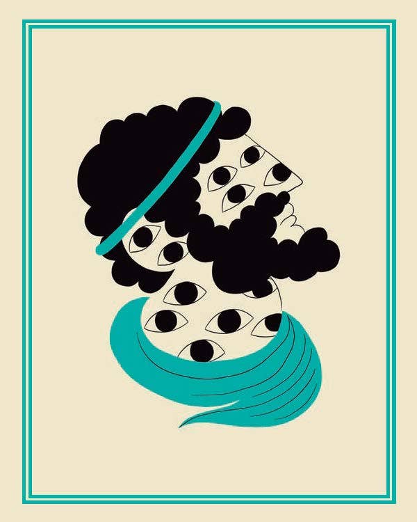 Illustration of a person with a large black afro wearing a teal headscarf on a beige background.