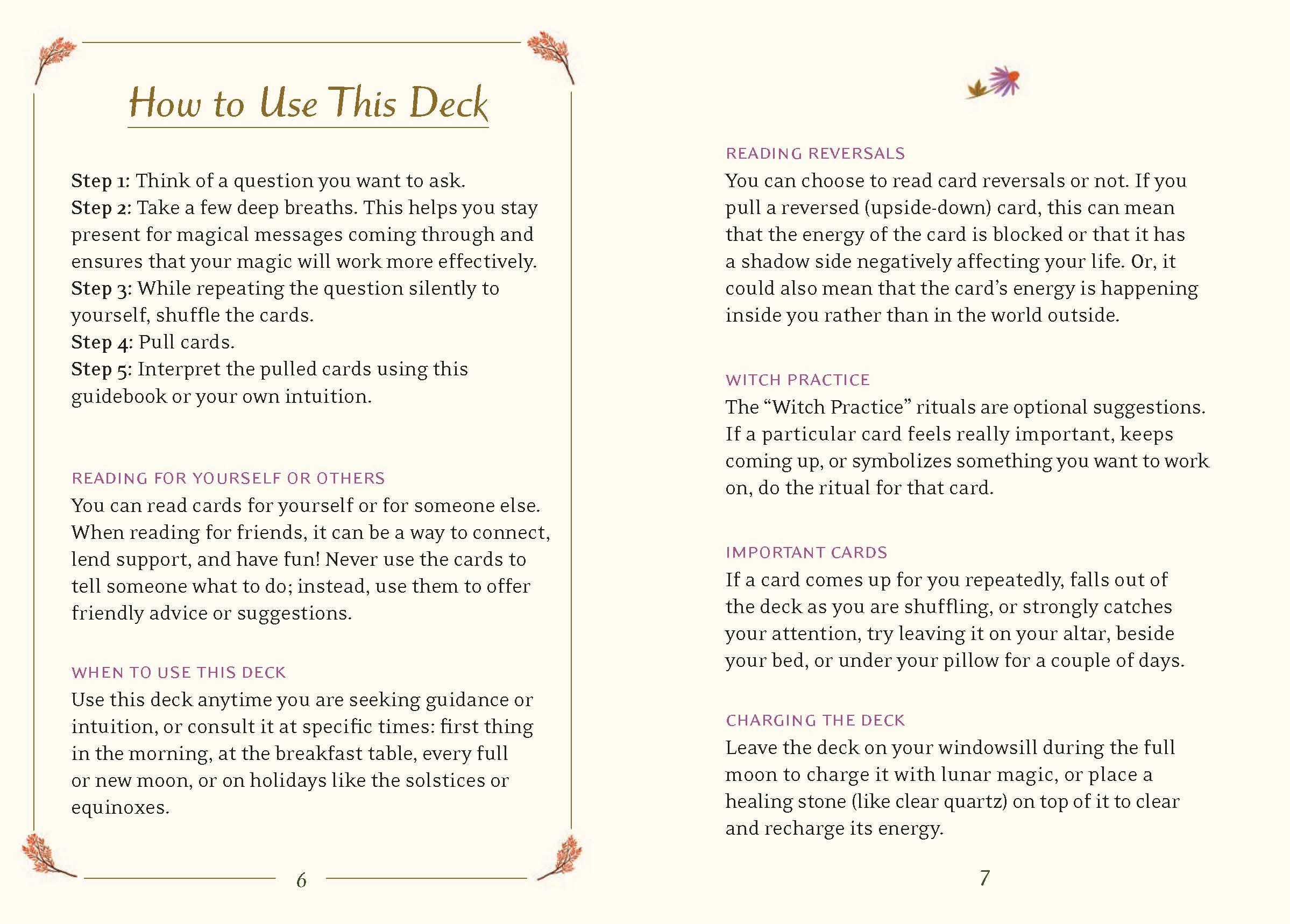 Instructions for using a tarot card deck with text on how to read cards and perform rituals.