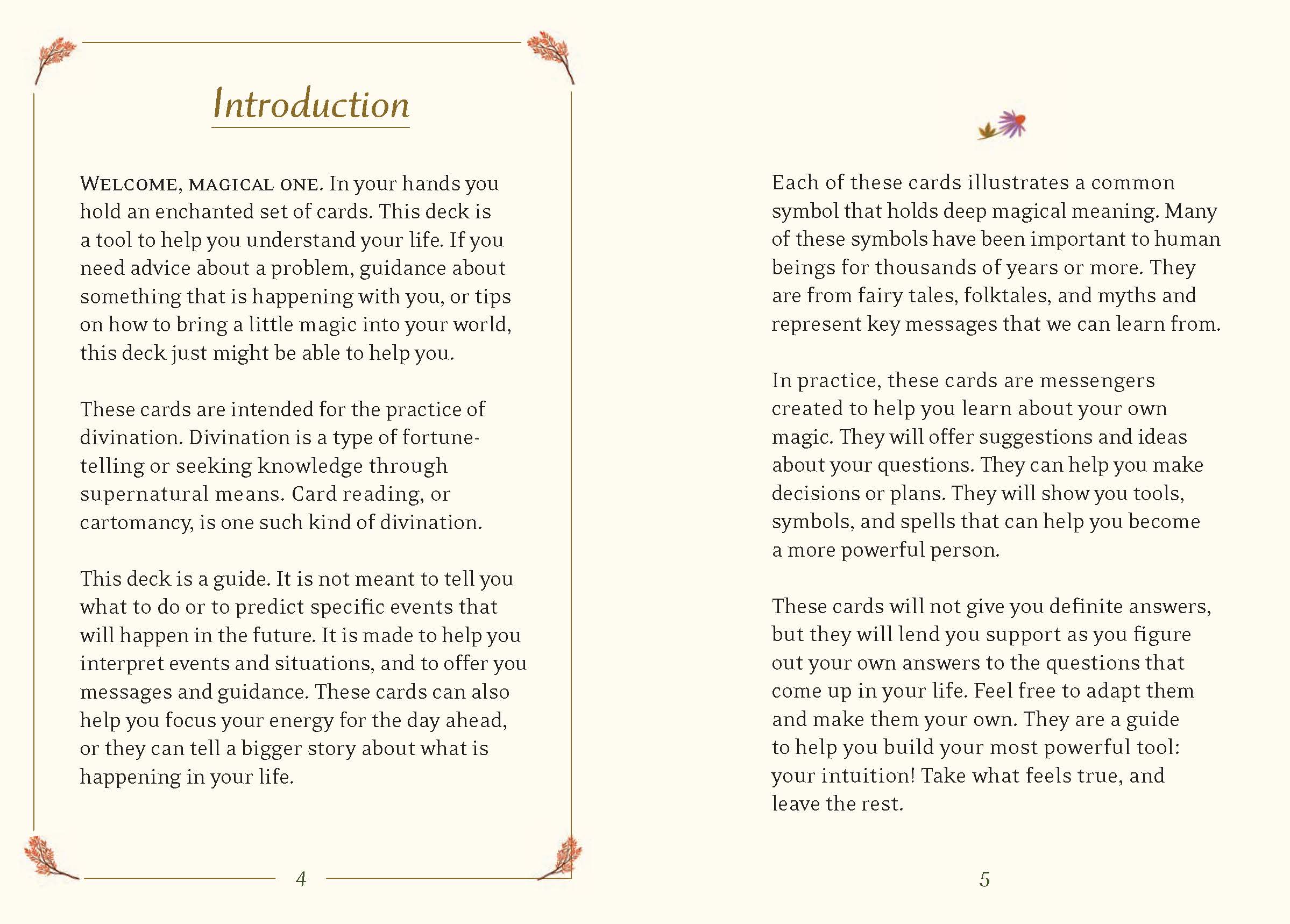Introduction page of a card deck guide with text on symbols and divination.