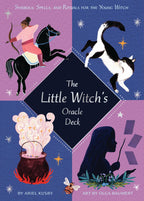 Cover of 'The Little Witch's Oracle Deck' with illustrations of a witch, cat, horse, and cauldron on a purple and blue background.