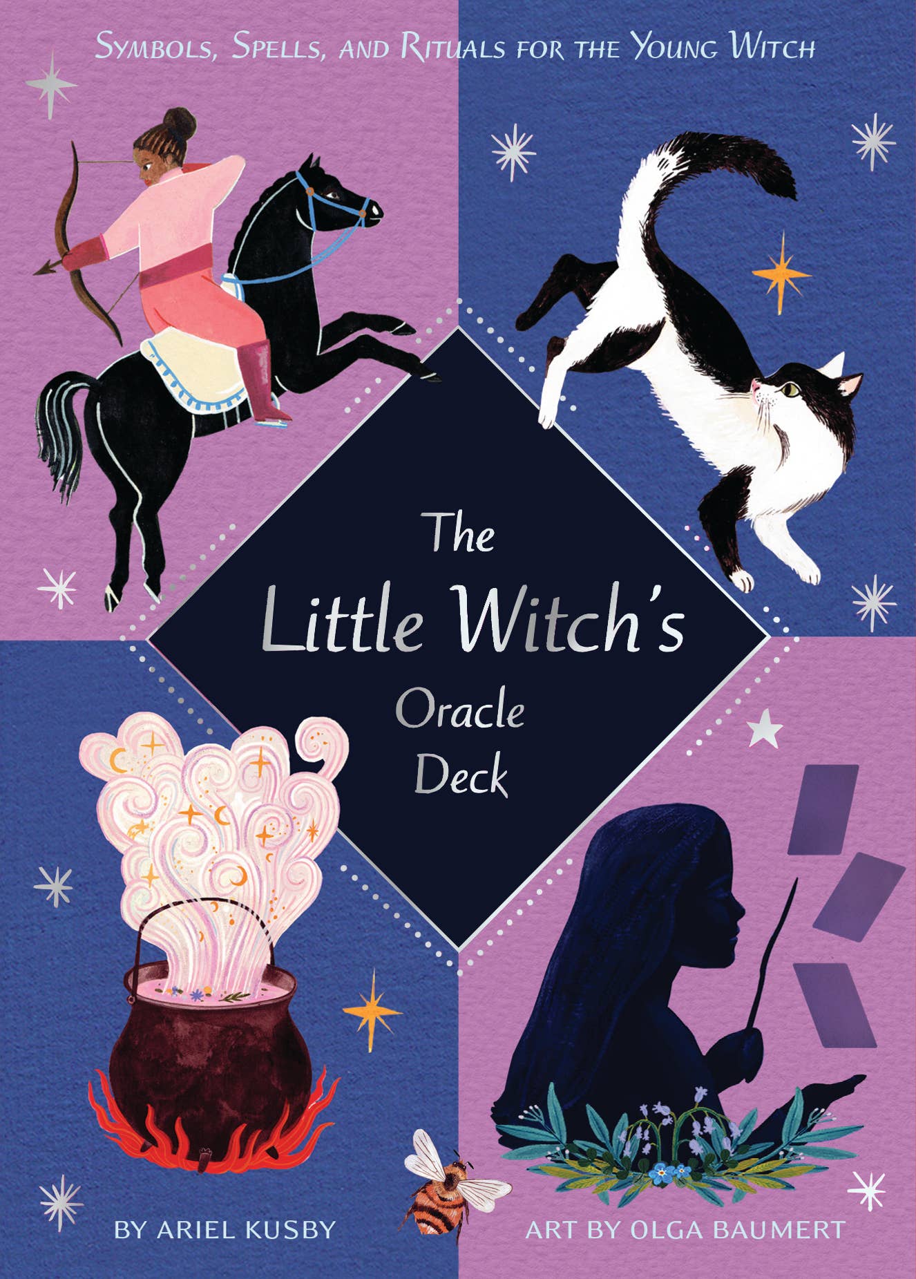 Cover of 'The Little Witch's Oracle Deck' with illustrations of a witch, cat, horse, and cauldron on a purple and blue background.