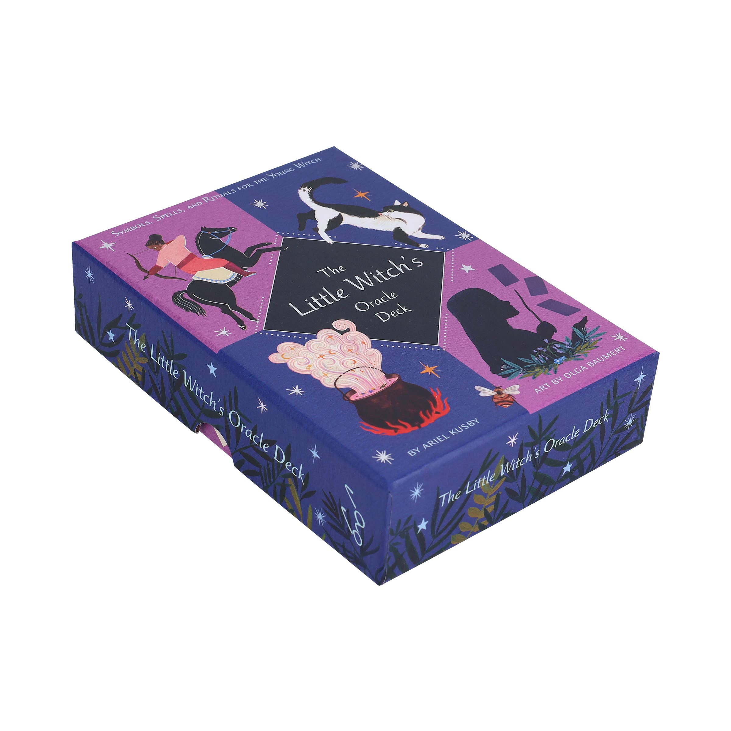 Card game box titled 'The Little Witch's Oracle Deck' with witch illustrations on a white background