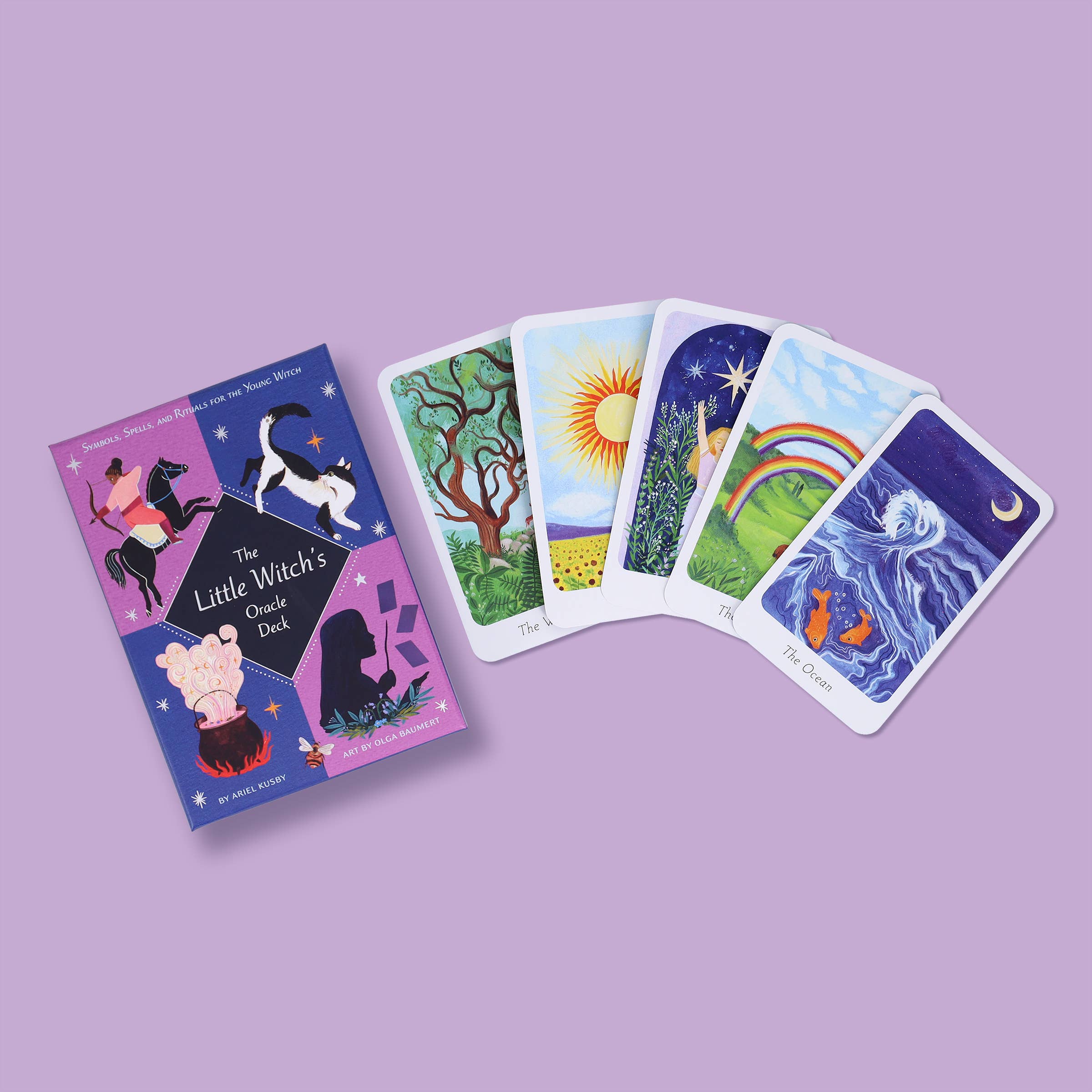Card deck titled 'The Little Witch's Oracle Deck' on a purple background