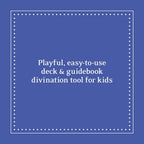 Text on a blue background describing a playful, easy-to-use divination tool for kids.