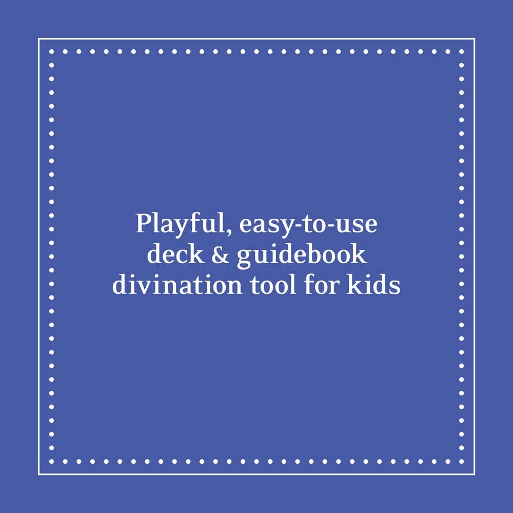 Text on a blue background describing a playful, easy-to-use divination tool for kids.