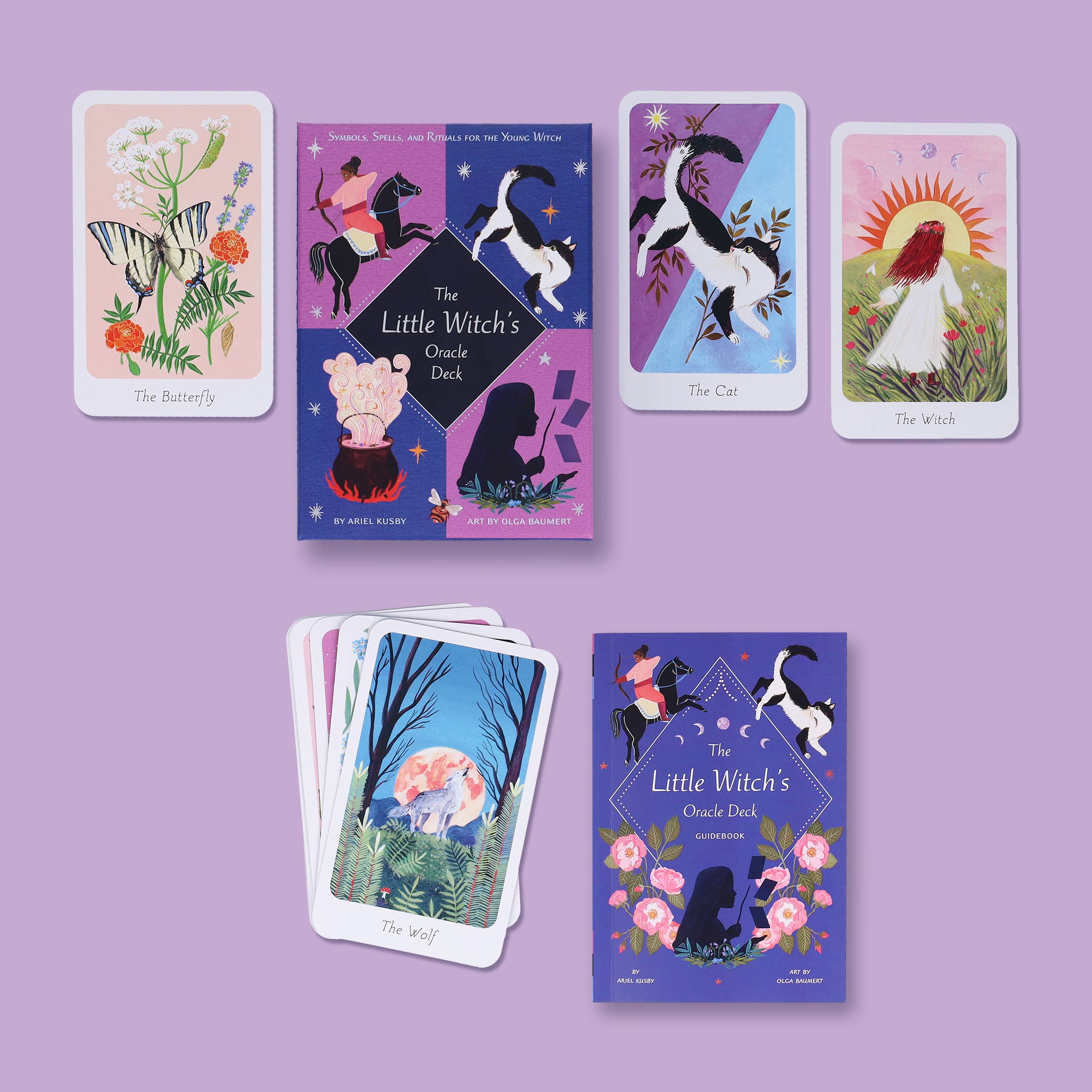Collection of 'The Little Witch's Oracle Deck' cards on a purple background