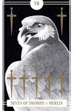 Tarot card featuring a hawk with swords on a black background, labeled 'Seven of Swords' by Merlin.