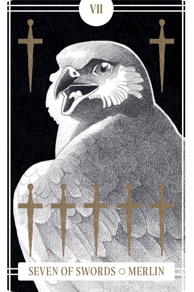 Tarot card featuring a hawk with swords on a black background, labeled 'Seven of Swords' by Merlin.