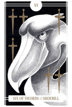 Tarot card featuring a shoebill with six swords on a black background
