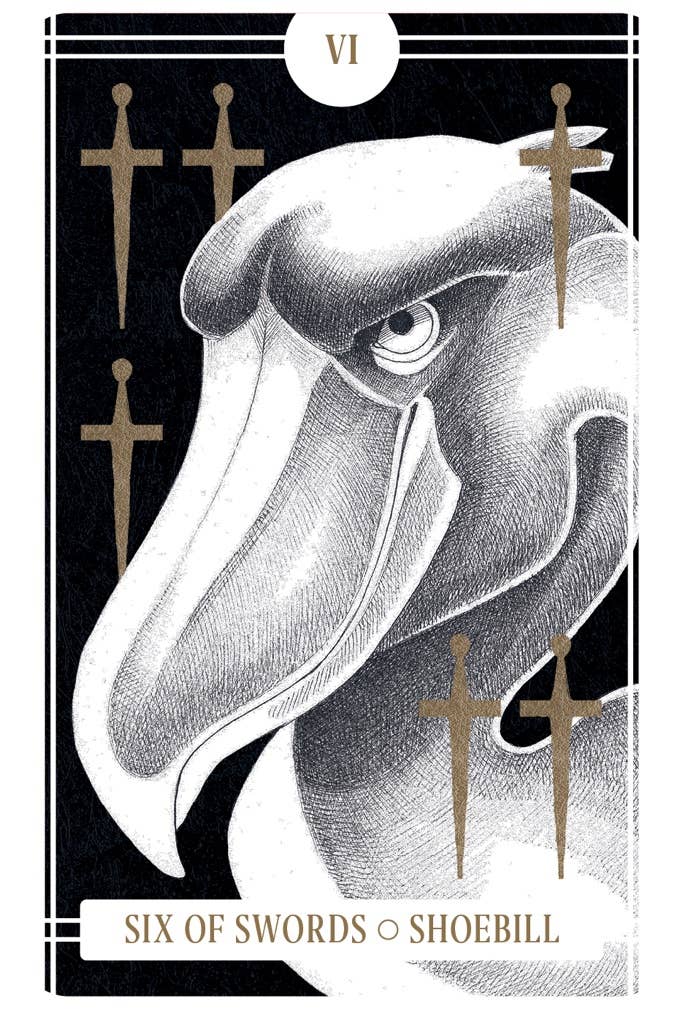 Tarot card featuring a shoebill with six swords on a black background