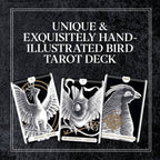 Bird-themed tarot cards with text on a black background