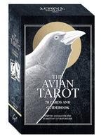 Avian Tarot card set packaging with a crow illustration on a black background