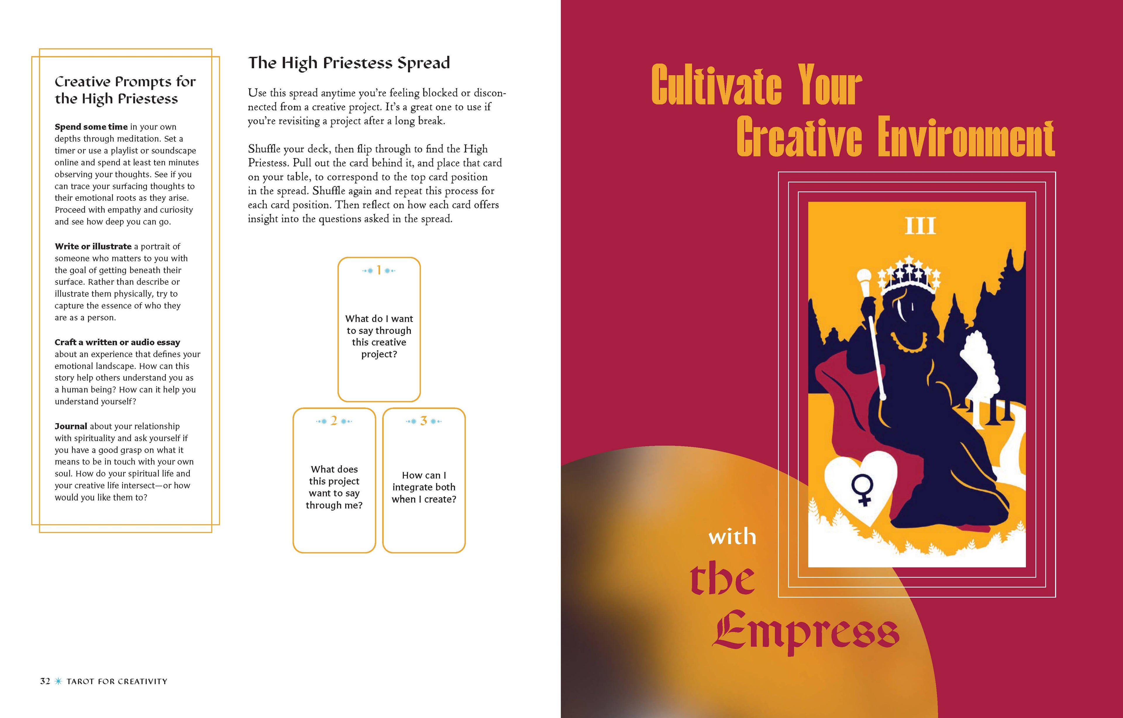 Book page with tarot card illustration and text on a red background
